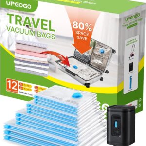 Combo 12 Pack Travel Vacuum Bags with Portable Electric Pump, Space Saver Vacuum Storage Bags for Clothing and Luggage, Travel Essentials