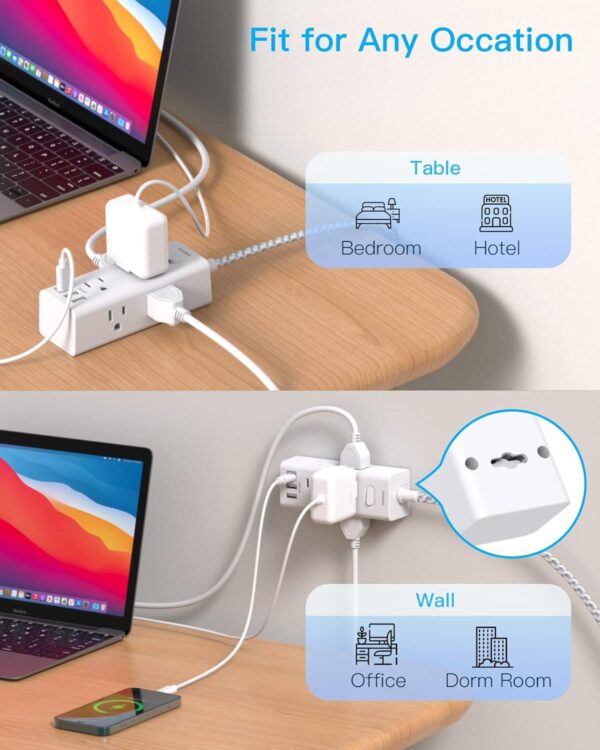Power Strip Surge Protector - One Beat 6 Widely Outlets with 3 USB Ports (1 USB C), 5 Ft Extension Cord Flat Plug, Wall Mount Outlet Extender Small Power Strip for Travel Home Office College Dorm Room - Image 5