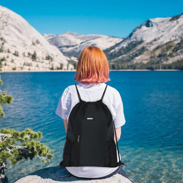 WANDF Drawstring Backpack Sports Gym Sackpack with Mesh Pockets Water Resistant String Bag for Women Men(Black) - Image 6