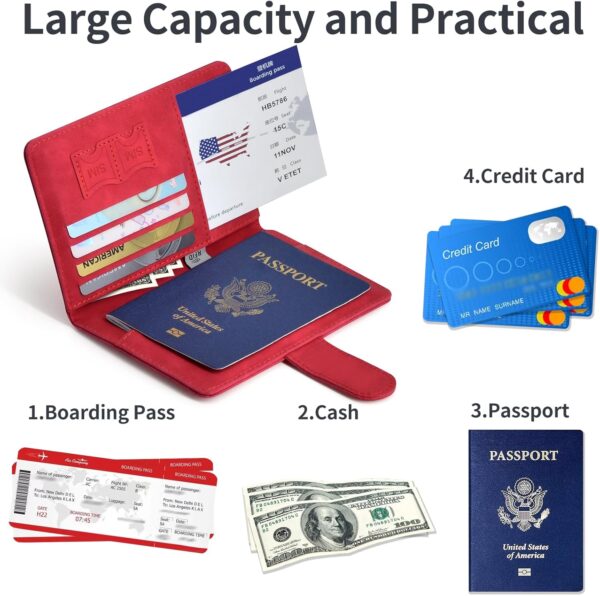 Passport Holder, Passport Cover with Credit Card Slot and Boarding Pass Slot Combo, Passport Wallet Case Book Travel Must Have, RFID Blocking Leather Travel Accessories, Red - Image 4