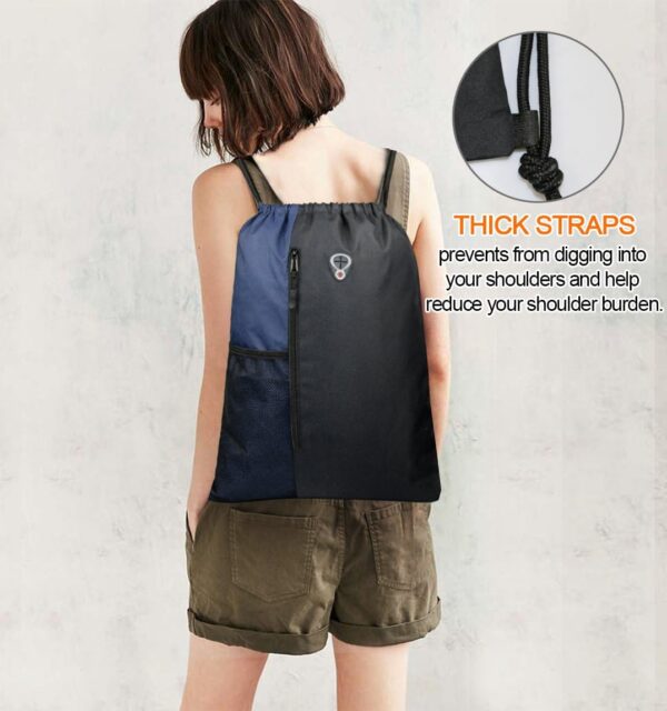Drawstring Backpack Sports Gym Bag for Women Men Large Size With Two Zipper Pockets and Water Bottle Mesh Pockets - Image 6