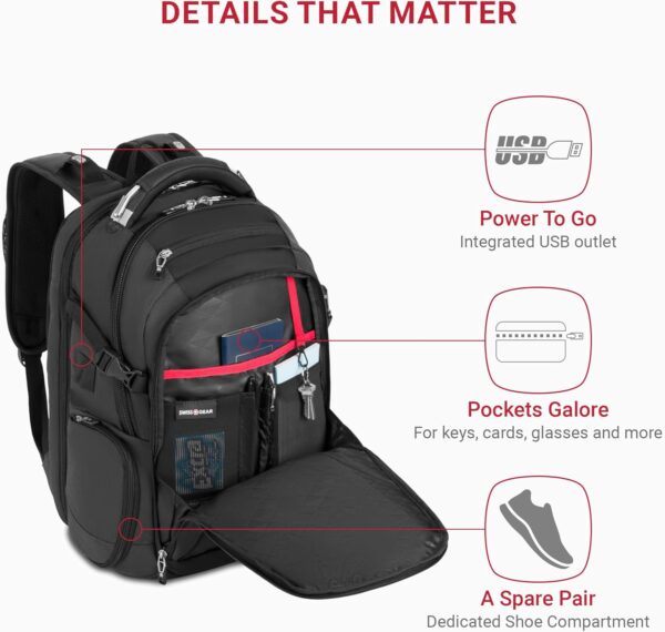 SwissGear Travel Tech Elite Laptop Backpack – Fits Laptops up to 16” – ScanSmart TSA-Friendly Backpack with USB Port, Shoe Compartment & Organizer Pockets – Heather Grey - Image 3