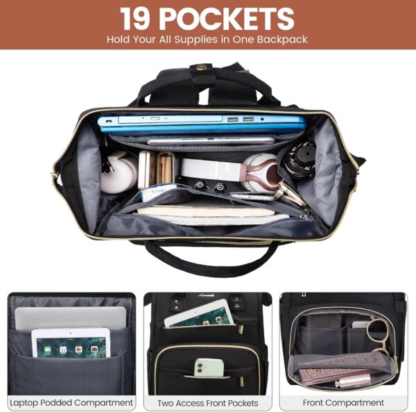 LOVEVOOK Laptop Backpack,15.6 Inch Professional Womens Purse Computer Bag Nurse Teacher Backpack,Waterproof College Work Bags Carry on Travel Back Pack with USB Port,Black - Image 2