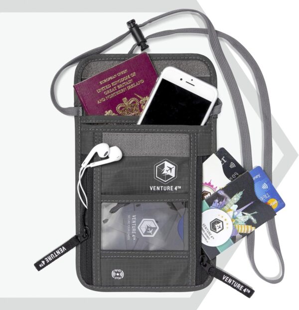 VENTURE 4TH Passport Holder Neck Wallet with RFID Blocking Nylon Lining - Hidden Neck Pouch for Travel (Gray) - Image 3