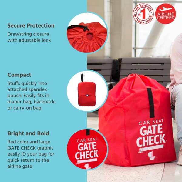 J.L. Childress Gate Check Bag for Car Seats - Travel Bag for Airplane - Includes AIRTAG Holder - Fits All Baby Car Seats, Infant Carriers & Child Booster Seats, Red - Image 2