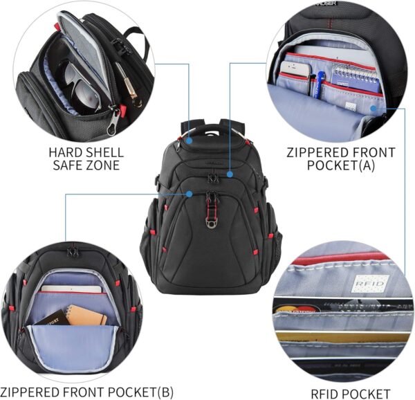 KROSER Travel Laptop Backpack 17.3 Inch XL Computer Backpack with Hard Shell Saferoom RFID Pockets Water-Repellent Business College Daypack Stylish Bag for Men/Women-Black - Image 3