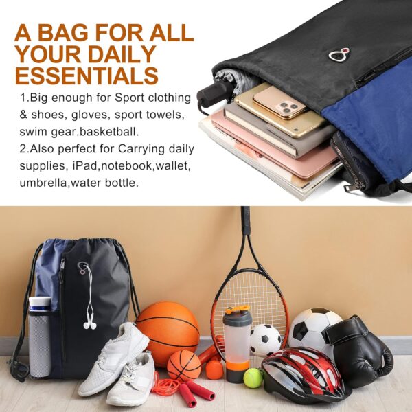 Drawstring Backpack Sports Gym Bag for Women Men Large Size With Two Zipper Pockets and Water Bottle Mesh Pockets - Image 2