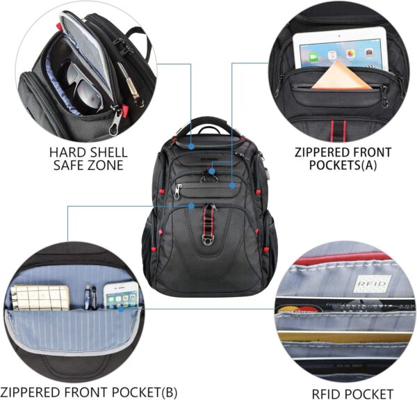 KROSER TSA Friendly Travel Laptop Backpack 17.3 inch XL Computer Backpack Water-Repellent College Daypack Business Backpack with RFID Pockets & USB Port for Men/Women-Black - Image 4