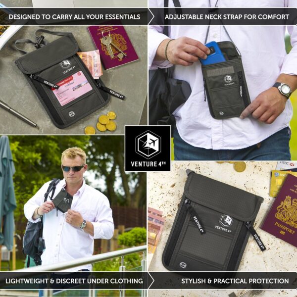 VENTURE 4TH Passport Holder Neck Wallet with RFID Blocking Nylon Lining - Hidden Neck Pouch for Travel (Gray) - Image 5