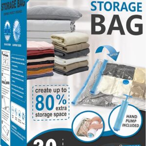 20 Pack Vacuum Storage Bags, Space Saver Bags (4 Jumbo/4 Large/4 Medium/4 Small/4 Roll) Compression for Comforters and Blankets, Sealer Clothes Storage, Hand Pump Included