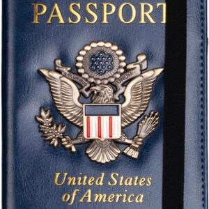 TOURSUIT RFID Blocking Passport Holder for Women Men, Leather Passport Travel Wallet with Metal 3D Metal Badge, Travel Document Holder Cover Accessories (Dark Blue)