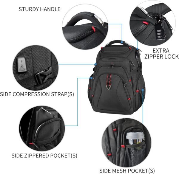 KROSER Travel Laptop Backpack 17.3 Inch XL Computer Backpack with Hard Shell Saferoom RFID Pockets Water-Repellent Business College Daypack Stylish Bag for Men/Women-Black - Image 4