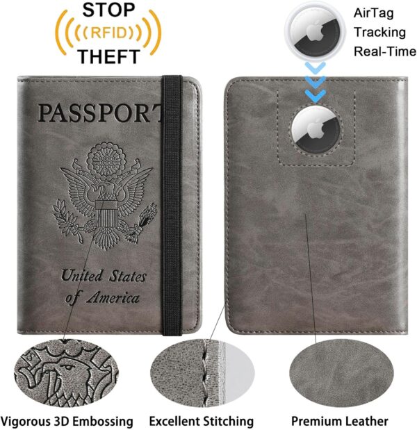 Airtag Passport Holder Cover Wallet Travel Essentials RFID Blocking Leather Card Case International Must Haves Travel Accessories for Women Men(119#Grey) - Image 2
