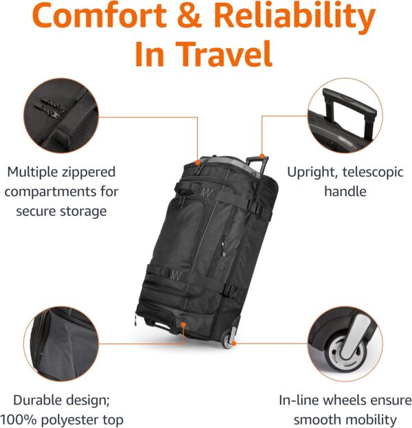Amazon Basics 35-Inch Large Rolling Duffle Bag with Wheels and Handle, Travel Duffle Bag with Durable Ripstop Polyester Material, 2 Layers of Space, Multiple Interior and Exterior Pockets, Black - Image 2