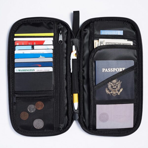 Amazon Basics RFID-blocking Passport Wallet, Passport Holder for Travel, 100% Nylon Material with Durable Zipper Closure, Zippered Pockets, Slots for Cards, 10"x5", Black, Solid - Image 2