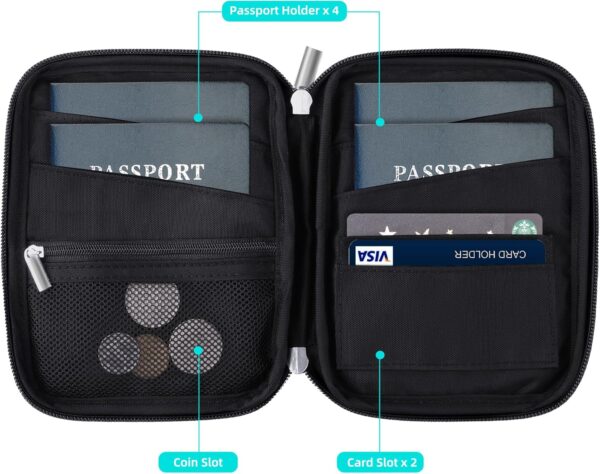 WALNEW Passport Holder Family for 4, RFID Blocking Travel Wallet Women Men, Lightweight Zipper Document Organizer Pouch Bag Credit Cards Case Cover for Travelling, Black - Image 3
