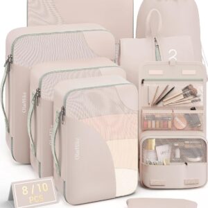 10 Set/8 Set Packing Cubes for Travel, Gifts for Women Mom,Anti-Tearing Suitcase Organizer for Luggage with Shoe & Hanging Toiletry Bag,OlarHike Vacation Essentials & Accessories for Cruise Ship,Cream