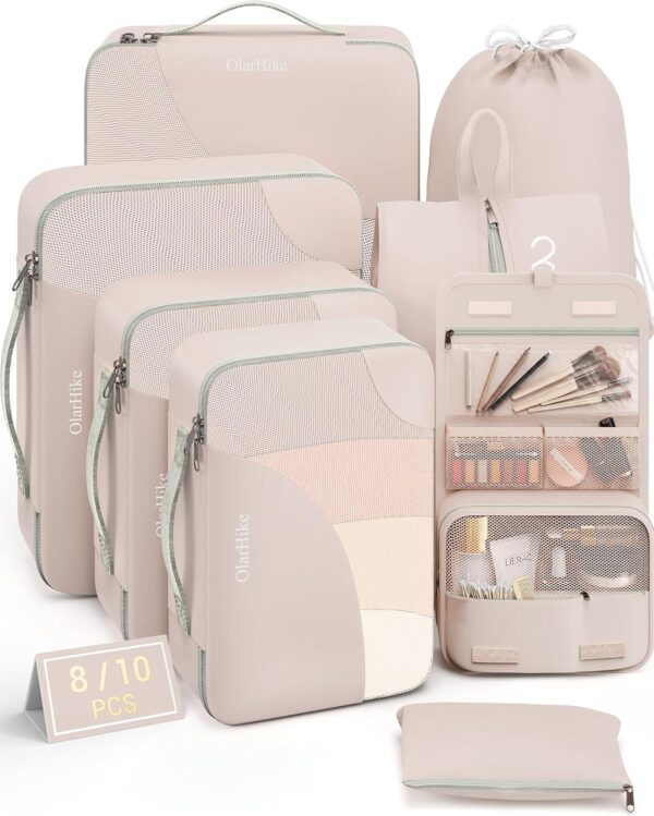 10 Set/8 Set Packing Cubes for Travel, Gifts for Women Mom,Anti-Tearing Suitcase Organizer for Luggage with Shoe & Hanging Toiletry Bag,OlarHike Vacation Essentials & Accessories for Cruise Ship,Cream