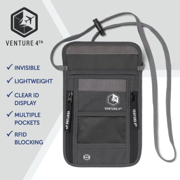 VENTURE 4TH Passport Holder Neck Wallet with RFID Blocking Nylon Lining - Hidden Neck Pouch for Travel (Gray) - Image 7