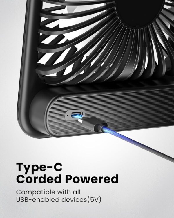 Koonie USB Desk Fan, Strong Wind Ultra Quiet Small Personal Fan with 180° Tilt Folding and 3 Speeds Adjustable, USB-C Corded Powered Mini USB Fan for Office Desktop Bedroom, NO BATTERY - Image 4