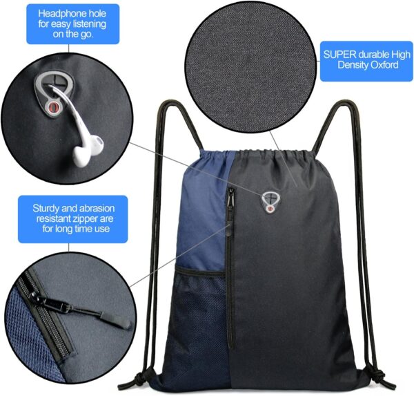 Drawstring Backpack Sports Gym Bag for Women Men Large Size With Two Zipper Pockets and Water Bottle Mesh Pockets - Image 5