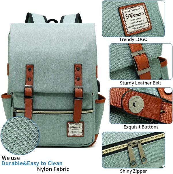 Mancio Vintage Laptop Backpack with USB Charging Port, Slim Tear Resistant Business Backpack for Travelling, College, Casual Daypacks for Men,Women, Fits up to 15.6Inch Notebook, Green - Image 4