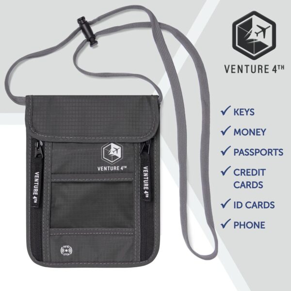 VENTURE 4TH Passport Holder Neck Wallet with RFID Blocking Nylon Lining - Hidden Neck Pouch for Travel (Gray) - Image 8