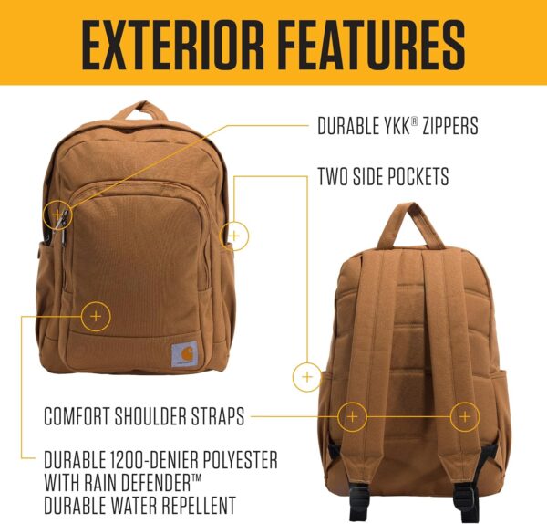 Carhartt 25L Classic Backpack, Durable Water-Resistant Pack W/ 15" Laptop Sleeve and Multiple Organizational Compartments, Brown, PFAS Free - Image 2