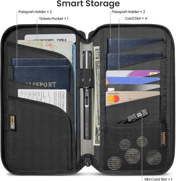 tomtoc Passport Holder Family with RFID Blocking, Passport Wallet Women Men, with Airtag & Sim Card Holder and Eject Pin, Travel Document Organizer with Wrist Strap, Up to 4 Passports, Water-resistant - Image 3