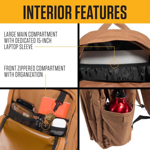Carhartt 25L Classic Backpack, Durable Water-Resistant Pack W/ 15" Laptop Sleeve and Multiple Organizational Compartments, Brown, PFAS Free - Image 3