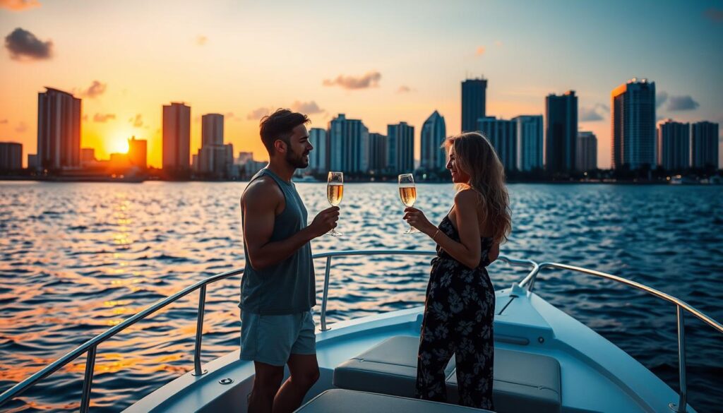 Couple enjoying a romantic sunset cruise on Biscayne Bay with Miami skyline in background