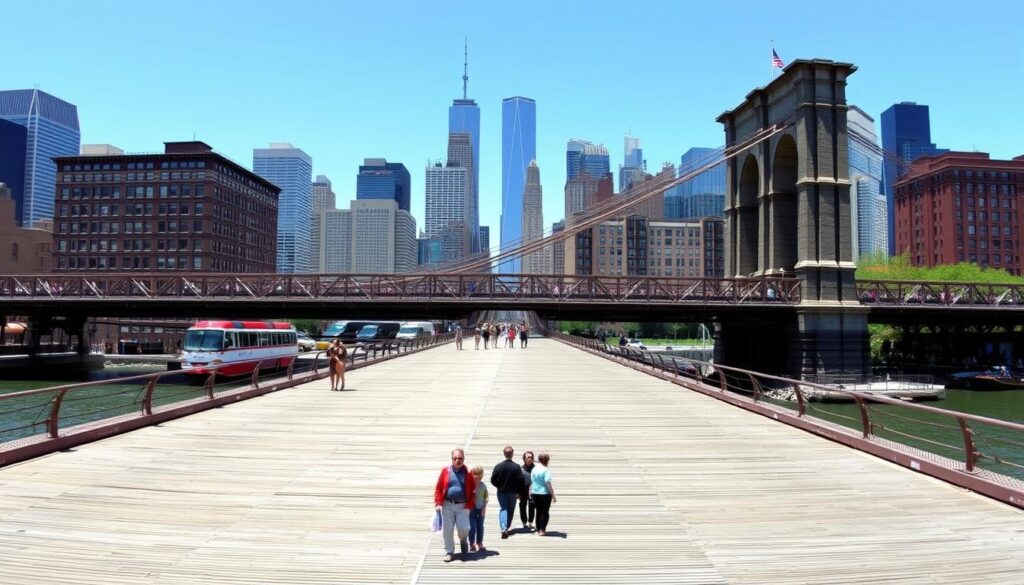 New York City skyline with people walking on Brooklyn Bridge, one of the best walking tours in New York City